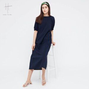 Uniqlo Textured Cotton Volume Sleeve Dress (Hana Tajima) in Navy S